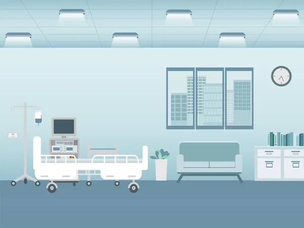 住院病房内附有卧床和设施病媒说明的医院室内 — 图库矢量图片
