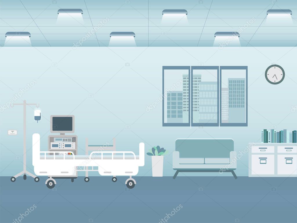 Hospital interior in inpatient room with bed and amenities vector illustration