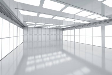 3D iç mekan beyaz ve temiz boş oda veya fabrika 