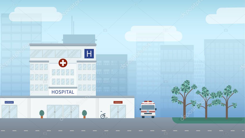 Hospital exterior with ambulance in city