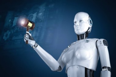 Siber Hukuk kavramı tokmak yargıç tutan 3d render robot el ile 