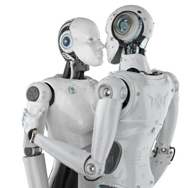 3D görüntüleme çift cyborg erkek ve kadın öpücüğü