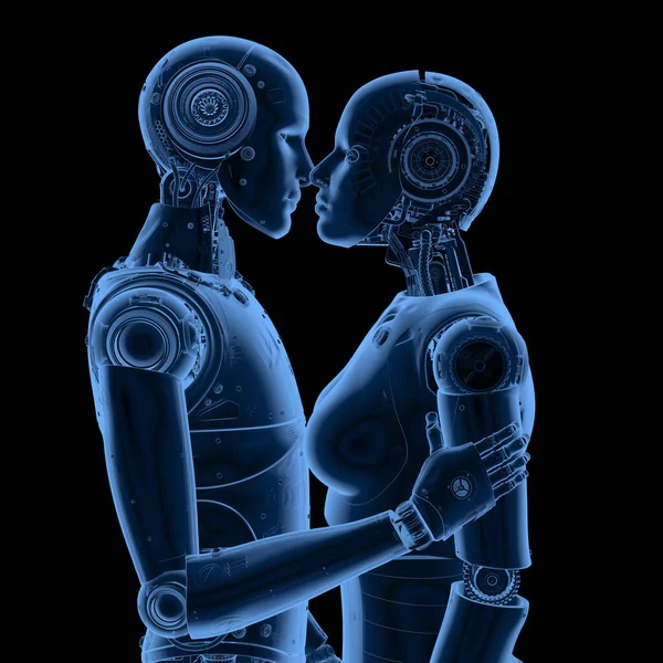 Rendering Ray Couple Cyborgs Male Female Kiss — Stock Photo, Image