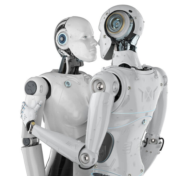 3d визуализация пара киборгов мужской и женский поцелуй
