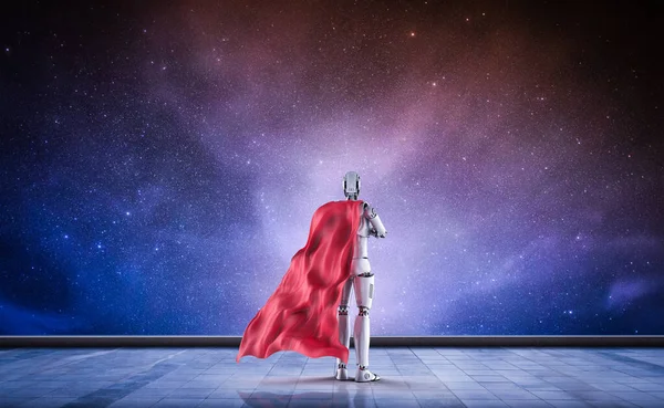 Рендерінг Супергерой Кіборг Або Геройський Робот Червоним Плащем — стокове фото