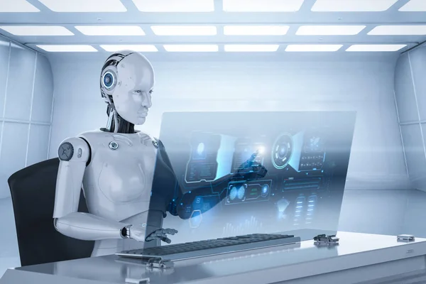 Automatizálási Munkás Koncepció Teszi Női Kiborg Dolgozik Irodában — Stock Fotó