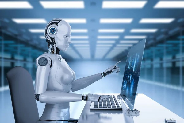 Concepto Trabajador Automatización Con Representación Cyborg Femenino Trabajando Oficina — Foto de Stock