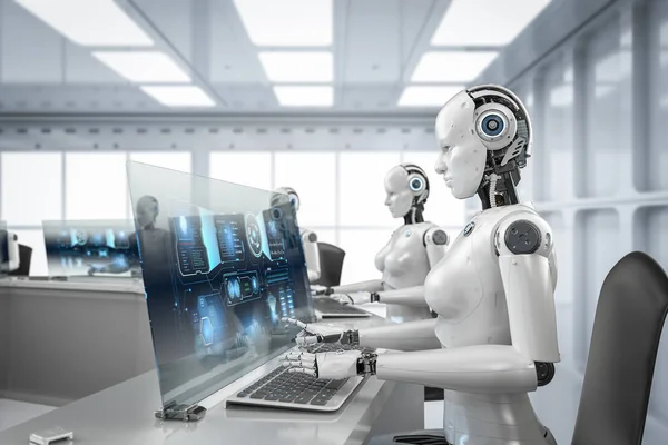 Werknemersconcept Voor Automatisering Met Een Groep Vrouwelijke Cyborgs Aan Het — Stockfoto