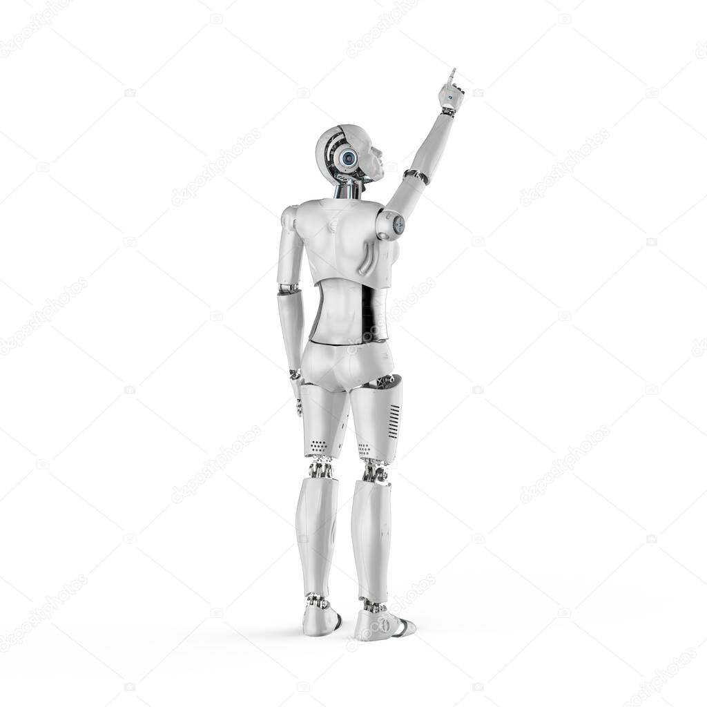 3d rendering female cyborg full length finger point on white background