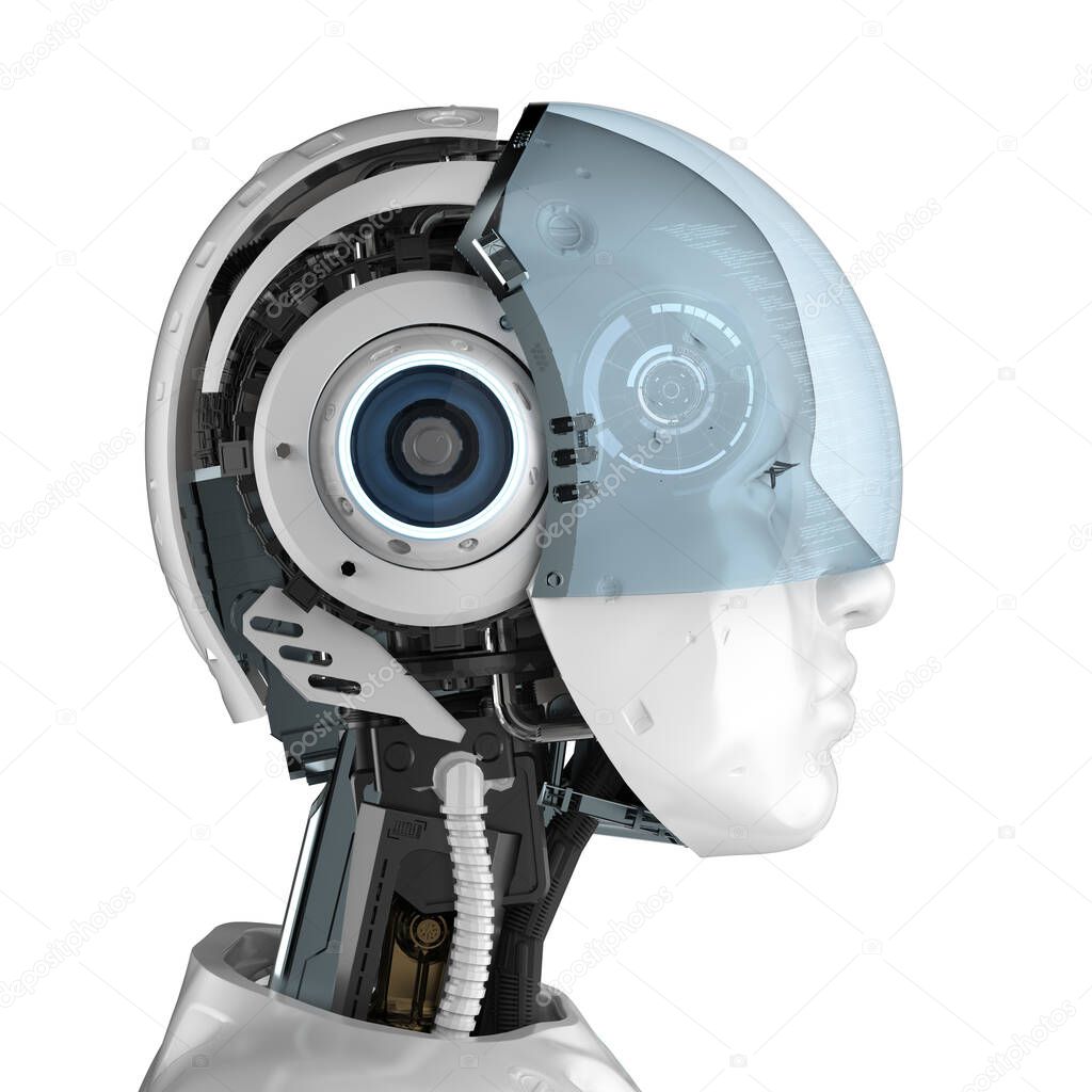 3d rendering female cyborg with goggle or headset