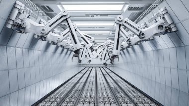 3D taşıyıcı çizgisi olan akıllı fabrika konsepti.