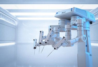 Ameliyat odasında 3D cerrahi robotla tıbbi teknoloji konsepti