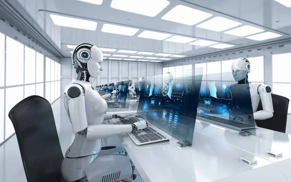Concepto Trabajador Automatización Con Representación Cyborgs Femeninos Trabajando Oficina —  Fotos de Stock