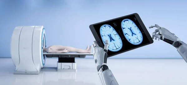 医疗技术概念与3D渲染机器人与平板电脑显示X射线大脑 — 图库照片