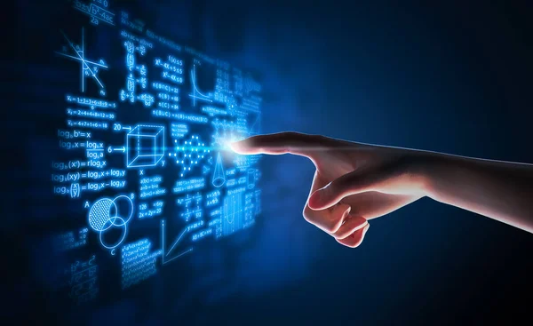 3d rendering human finger point at math formula and calculations graphic display