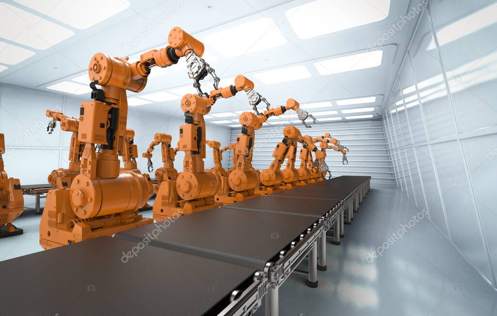 Smart factory concept with 3d rendering robot arms with conveyor line
