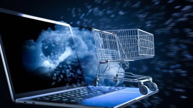 3d bilgisayar notebook işleme ve alışveriş sepeti ile online alışveriş kavramı 
