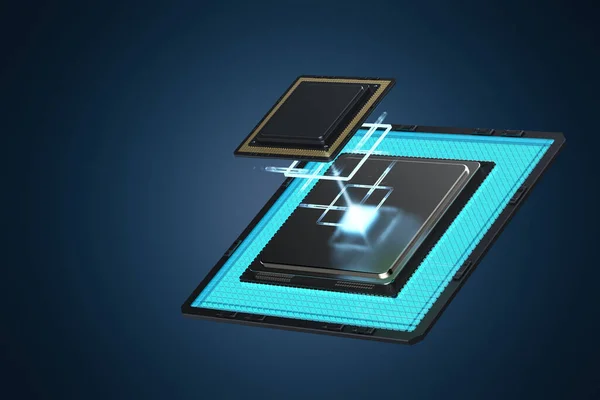 Quantum computer technology concept with 3d rendering cpu chips on board