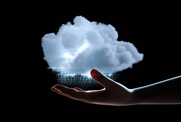 3D渲染人手持白云的云计算技术概念 — 图库照片