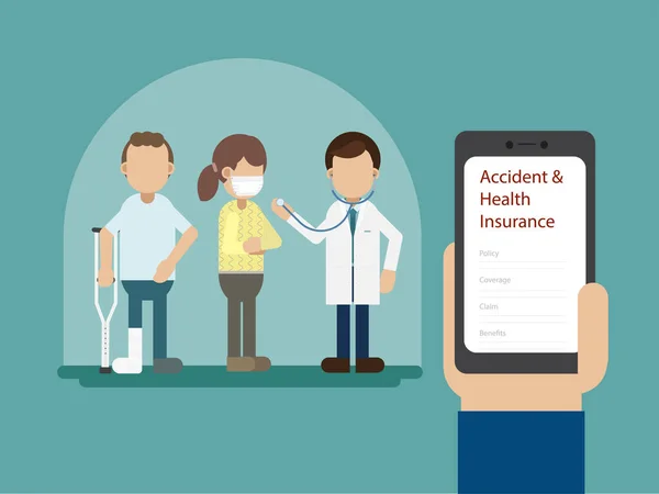 Accident and health insurance concept with hand hold mobile phone vector illustration