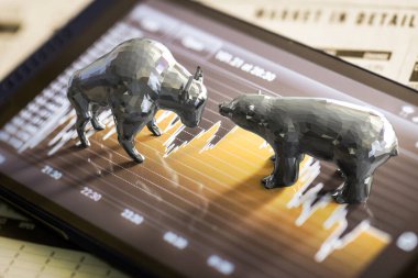 Boğa ve ayı ekonomisi kavramı. Borsa tablosunda üç boyutlu boğa ve ayı tasarımı.
