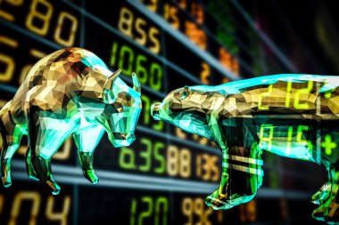 Boğa ve ayı ekonomisi kavramı. Borsa tablosunda üç boyutlu boğa ve ayı tasarımı.