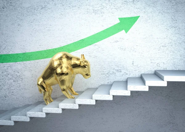 Bull stock market concept with 3d rendering bull walk up stairs with green arrow head up