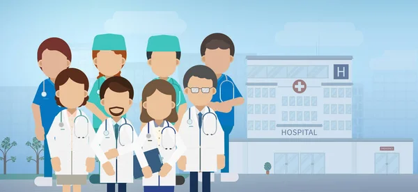 Medical service concept with doctors and hospital building vector illustration