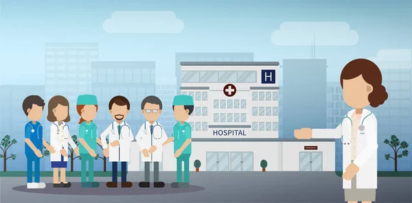 Koncept Lékařské Služby Lékaři Ilustrace Vektoru Budovy Nemocnice — Stockový vektor