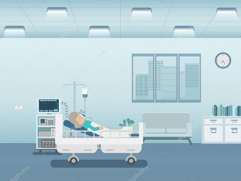Medical service concept with elder patient and ventilator flat design vector illustration