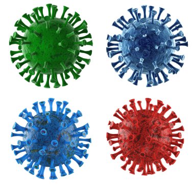 Beyaz üzerinde izole edilmiş 3D Coronavirus hücreleri veya covid-19 hücreleri