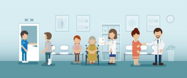 Düz tasarım vektör çizimi bekleyen hastaları olan doktor