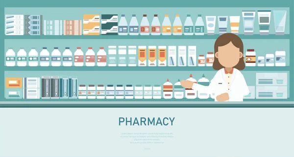Bandiera Medica Con Contatore Farmacia Disegno Piatto Illustrazione Vettoriale — Vettoriale Stock