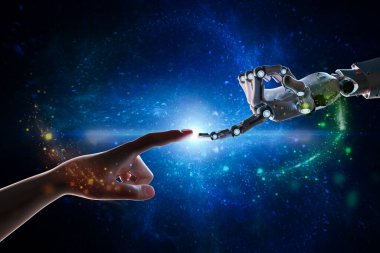 3D robot eli insan eline bağlayan teknoloji bağlantısı kavramı