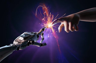 3D robot eli insan eline bağlayan teknoloji bağlantısı kavramı