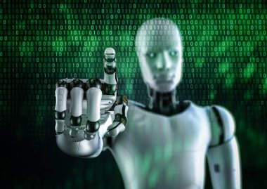 3D görüntüleme cyborg veya robot parmak işareti yeşil ikili arkaplan üzerinde parlayan ışık