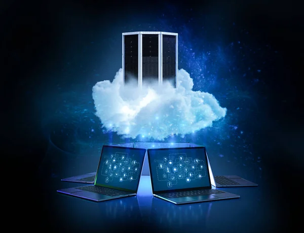 Koncept Technologie Cloud Computing Vykreslovacím Cloudem Serverem Notebooky — Stock fotografie