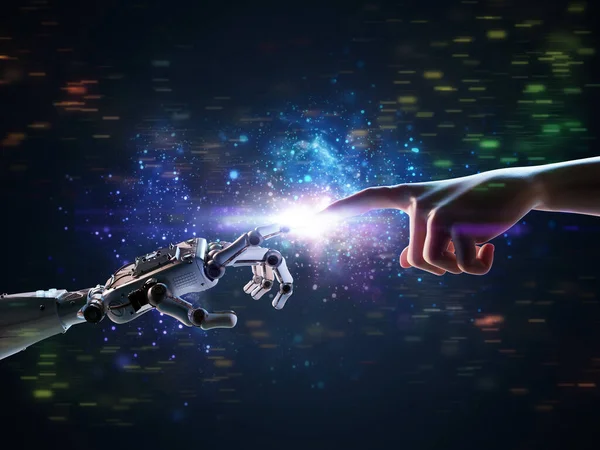 Teknikanslutningskoncept Med Rendering Robot Hand Ansluta Till Mänsklig Hand — Stockfoto