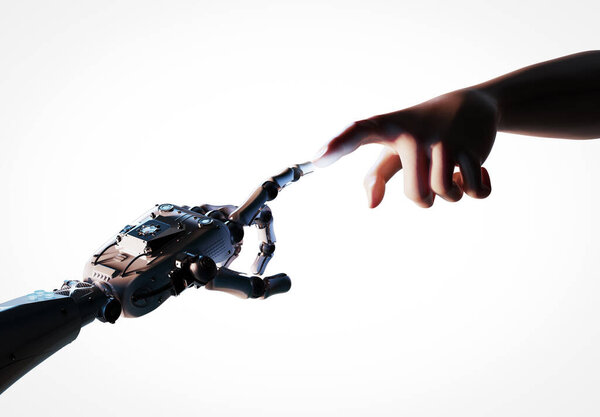 Technology connection concept with 3d rendering robot hand connect to human hand