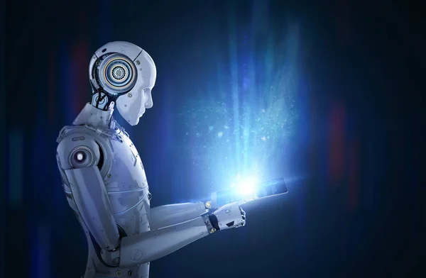 Renderelés Kiborg Vagy Humanoid Robot Dolgozik Digitális Tabletta — Stock Fotó