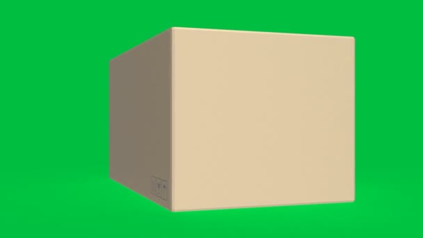 緑の画面の背景に隔離された3Dレンダリングカートンボックスまたは段ボール箱4K映像 — ストック動画