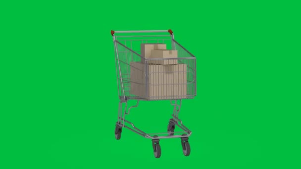 Rendering Warenkorb Mit Kartons Auf Grünem Hintergrund — Stockvideo