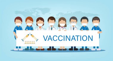 Doktorlarla aşı kavramı ve düz tasarım vektör çizimi