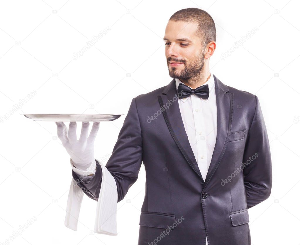 waiter holding empty tray and napkin