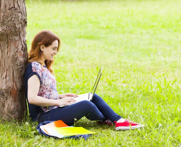 Estudiante chica en la hierba usando ordenador portátil — Foto de Stock