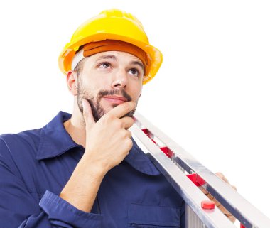 Düşünceli işçi Alüminyum merdiven holding