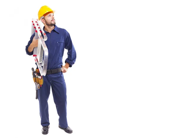 Worker holding a aluminum stepladder — Stock Photo, Image