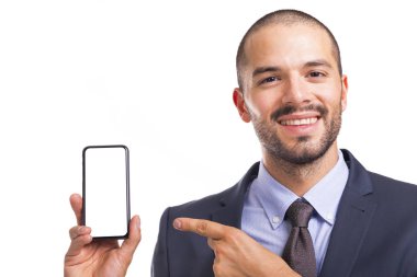 İşadamı holding boş hareket eden smartphone