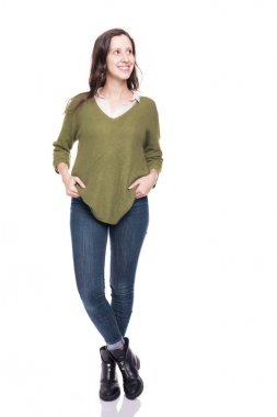 Düşünceli genç kız üzerinde beyaz bir bacground izole