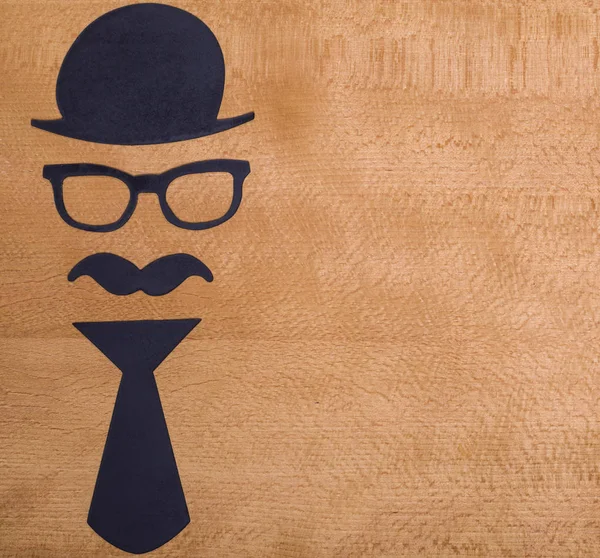 Happy Father Day Concept Hat Glasses Mustache Tie Wooden Background — Stock Photo, Image